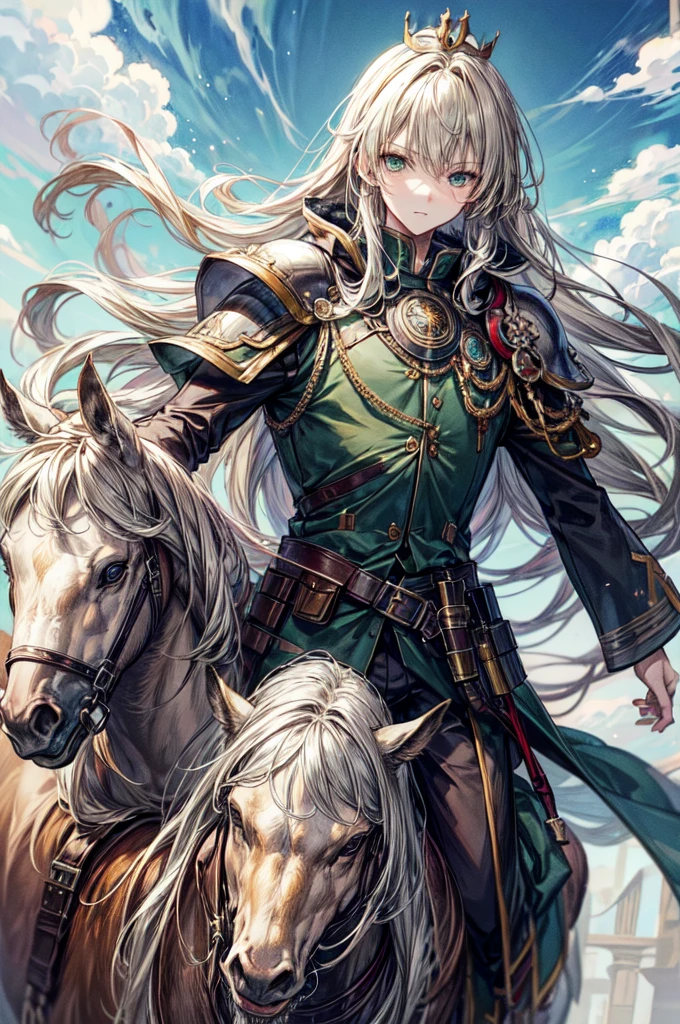 (masterpiece, best quality, perfect face, expressive eyes), 1boy, (anime), (male), (adult), sage green eyes, light blonde long hair, crown, riding a steed, brown fur cloak, hussar armor,  
