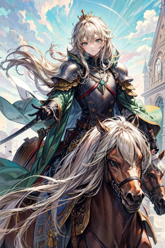 (masterpiece, best quality, perfect face, expressive eyes), 1boy, (anime), (male), (adult), sage green eyes, light blonde long hair, crown, riding a steed, brown fur cloak, hussar armor,  