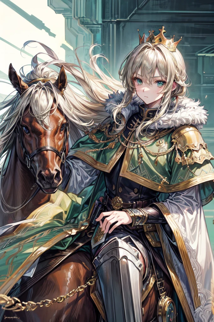 (masterpiece, best quality, perfect face, expressive eyes), 1boy, (anime), (male), (adult), sage green eyes, light blonde long hair, crown, riding a steed, brown fur cloak, hussar armor,