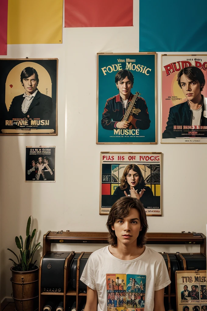 Vintage music room with some posters of famous bands with colorful vibes 