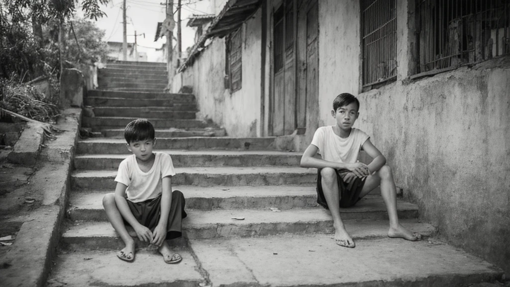 1930s, monochrome photography, Southeast Asian street Children, stairs, outdoors, slam, (the leader boy is in the center with his arms crossed), 32K, Best quality, Masterpiece, super detail, High Details,