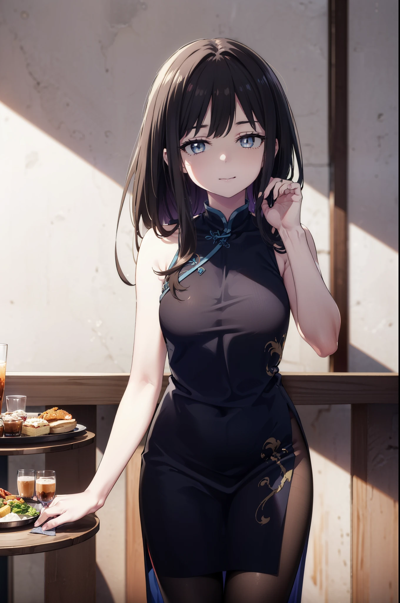Takiuchi, Check it out, Long Hair, bangs, Black Hair, (Purple eyes:1.2),happy smile, smile, Close your mouth,
Sleeveless blue Chinese dress,Blue long slit,Black pantyhose,Stiletto heels,Glasses,Tables and chairs, food, drink, tray, tray in one hand,whole bodyがイラストに入るように,crowd, people々々,
break indoors,Chinese style coffee shop,
break looking at viewer, whole body,
break (masterpiece:1.2), Highest quality, High resolution, unity 8k wallpaper, (shape:0.8), (Fine and beautiful eyes:1.6), Highly detailed face, Perfect lighting, Highly detailed CG, (Perfect hands, Perfect Anatomy),
break outdoors, city,
break looking at viewer, (Cowboy Shot:1.5),
break (masterpiece:1.2), Highest quality, High resolution, unity 8k wallpaper, (figure:0.8), (Beautiful attention to detail:1.6), Highly detailed face, Perfect lighting, Highly detailed CG, (Perfect hands, Perfect Anatomy),