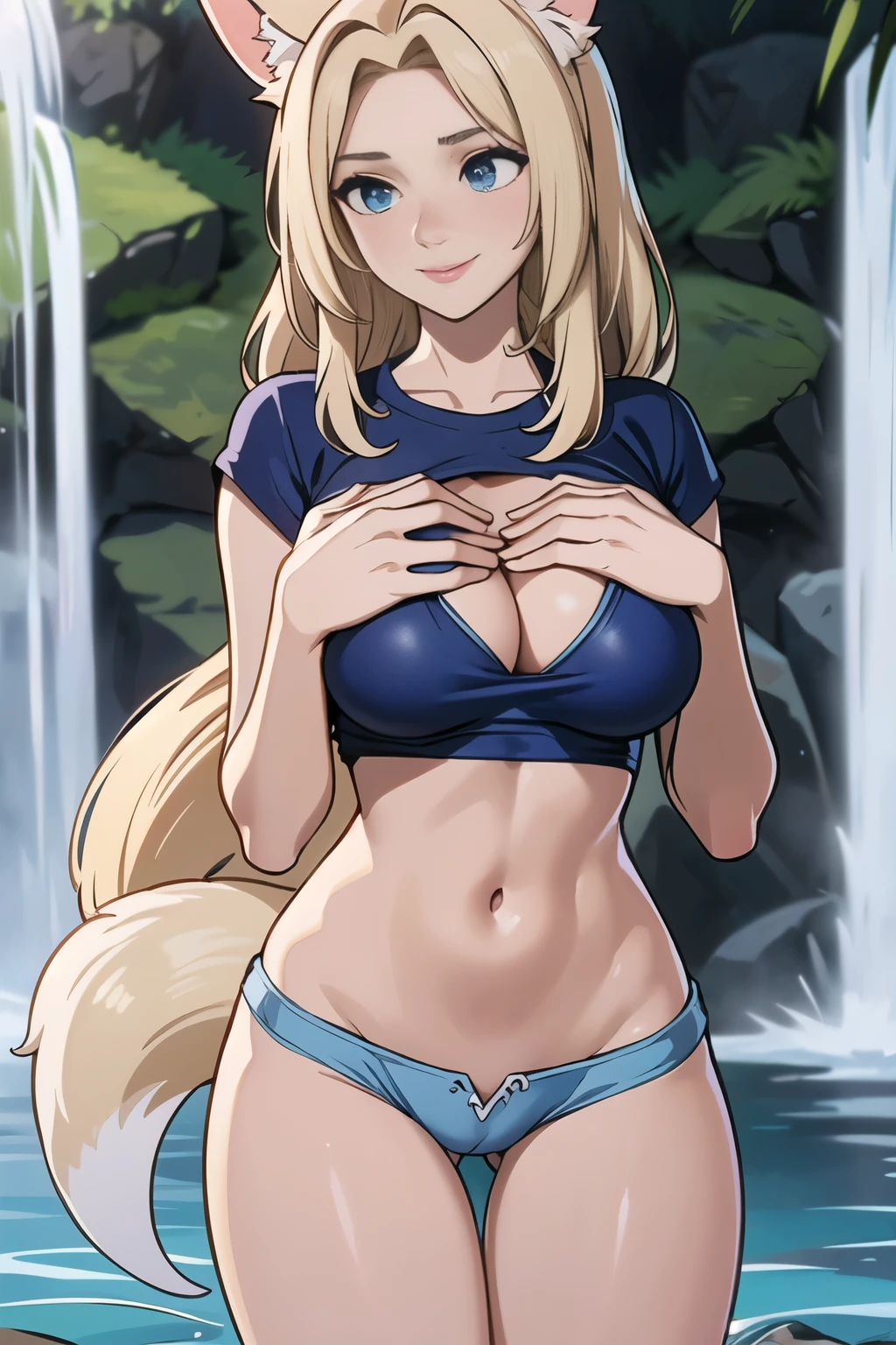 Beautiful 1girl, full body, ager, solo, (very long waist length blonde hair, straight blonde hair: 1.28), ((light blue eyes)), clear skin, (large darker fox ears: 1.35), pale skin, medium breasts, cleavage, (thin hips, thin waist , athletic body: 1.25), background, looking away, shy smile, revealing clothes, (wearing a tight cropped t-shirt & bikini bottoms: 1.5), (groping chest: 1.37), (tropical waterfalls, laying water: 1.15), 4k textures, soft light, elegant, highly detailed, sharp focus, soothing tones,
