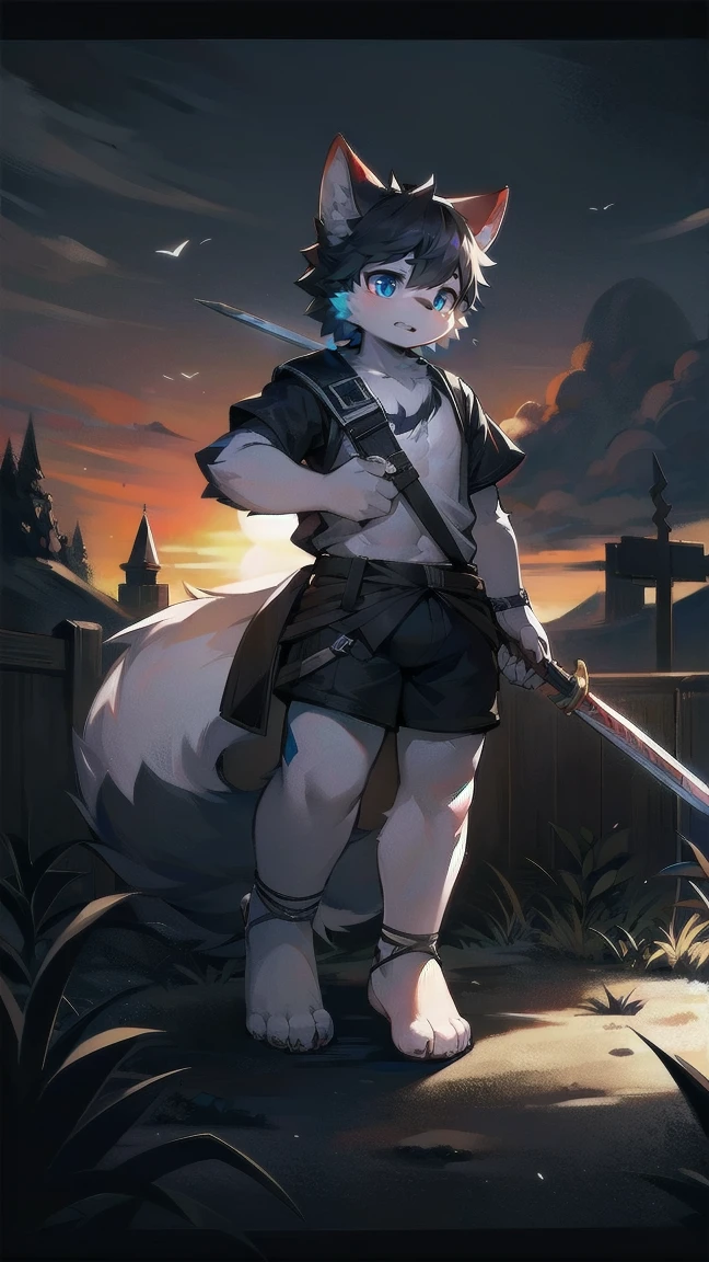 White Wolf,black hair,Sky blue eyes,hairy,Wolf ears,Wolf tail,Full body portrait,The character is in the center of the frame,Handsome,Confident eye***but,juvenile,Black and white combat uniform,Red neck bib,Black shorts,Short sleeve,hairy arms and legs,Dark background,Dark battlefield,dawn,sunrise,dawn,illumination,shadow,Swordsman,Scabbard and Hold the hilt of a in your hand,The scabbard is at the waist,Highest quality