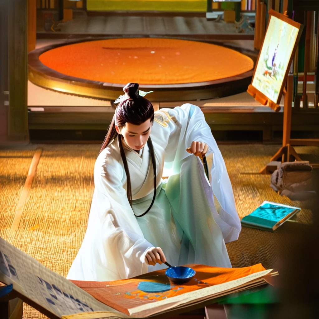 ((Unreal Engine 5)), Realistic rendering, Excellent, (Warm light room), （Chinese poet), (down view), Paint a painting of an ancient poet writing a poem in the room， Hold a brush in hand，Wear white Hanfu，Ancient Chinese literati，inspired by Li Kan, epic full color illustration,  naranbaatar ganbold,  Xianxia，guofeng
