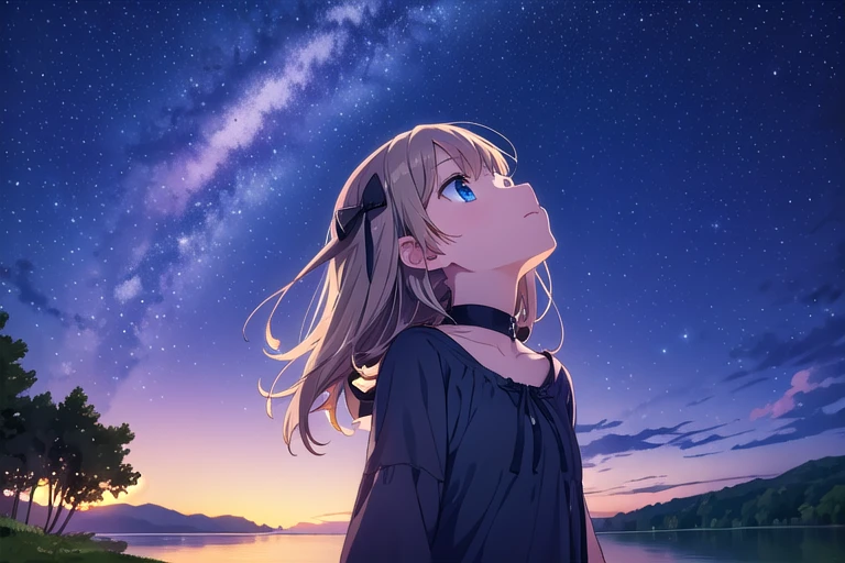 ((Highest quality)), ((masterpiece)), (detailed), Perfect Face, Perfect Arms, anime, Ultra-fine illustration, ((1 person)), Cute girl, Gray medium hair, Blue Eyes, Loose Dress, lake, nature, ((night)), (Looking up at the sky:1.6), moonlight, hoshizora, starry sky, (wide shot:1.2), Off-Center, Upper Body Shot,