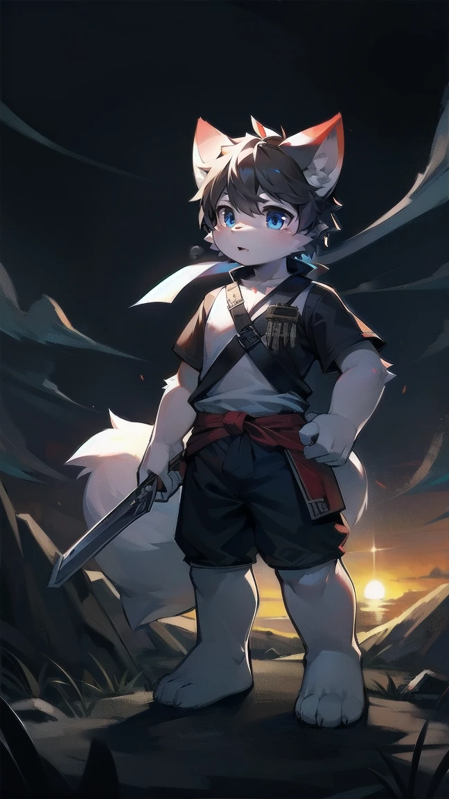 White Wolf，black hair，Sky blue eyes，hairy，Wolf ears，Wolf tail，Full body portrait，The character is in the center of the frame，Handsome，Confident eye***but，juvenile，Black and white combat uniform，Red neck bib，Black shorts，Short sleeve，hairy arms and legs，Dark background，Dark battlefield，dawn，sunrise，dawn，illumination，shadow，Swordsman，Scabbard and Hold the hilt of a in your hand，The scabbard is at the waist，Highest quality