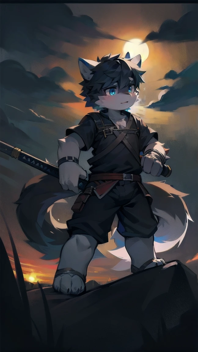 White Wolf，black hair，Sky blue eyes，hairy，Wolf ears，Wolf tail，Full body portrait，The character is in the center of the frame，Handsome，Confident eye***but，juvenile，Black and white combat uniform，Red neck bib，Black shorts，Short sleeve，hairy arms and legs，Dark background，Dark battlefield，dawn，sunrise，dawn，illumination，shadow，Swordsman，Scabbard and Hold the hilt of a in your hand，The scabbard is at the waist，Highest quality