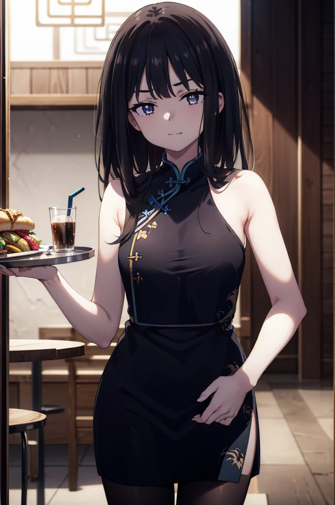 Takiuchi, Check it out, Long Hair, bangs, Black Hair, (Purple eyes:1.2),happy smile, smile, Close your mouth,
Sleeveless blue Chinese dress,Blue long slit,Black pantyhose,Stiletto heels,Glasses,Tables and chairs, food, drink, tray, tray in one hand,whole bodyがイラストに入るように,
break indoors,Chinese style coffee shop,
break looking at viewer, whole body,
break (masterpiece:1.2), Highest quality, High resolution, unity 8k wallpaper, (shape:0.8), (Fine and beautiful eyes:1.6), Highly detailed face, Perfect lighting, Highly detailed CG, (Perfect hands, Perfect Anatomy),
break outdoors, city,
break looking at viewer, (Cowboy Shot:1.5),
break (masterpiece:1.2), Highest quality, High resolution, unity 8k wallpaper, (figure:0.8), (Beautiful attention to detail:1.6), Highly detailed face, Perfect lighting, Highly detailed CG, (Perfect hands, Perfect Anatomy),