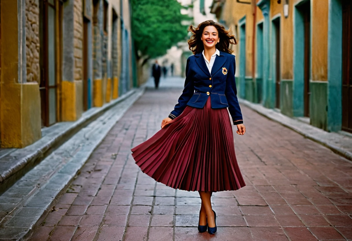 A smiling, authentic, (shy:1,3), kind, beautiful woman, is passionately in love with her skirt, wind lifts her skirt, wearing uniform jacket and very, very detailed (long (fully pleated) full circle skirt) and (low heeled court shoes), very, very intricate hyper-detailed symmetric (attractive graceful young feminine face) with (sad, tired eyes and a loving smile), very voluptuous breasts, full of empathy and compassion and love, (pronounced (feminine) features), (highly detailed ultra accurate realistic) hands and fingers, (windy), epic composition, highly detailed attributes, (35mm f1.4 Kodak portra 400 photograph), extremely high quality RAW photograph, highly detailed atmosphere, sci-fi, cinematic shot, dynamic lighting, 75mm, Technicolor, Panavision, cinemascope, sharp focus, fine details, 8k, HDR, realism, realistic, key visual, film still, superb cinematic color grading, depth of field