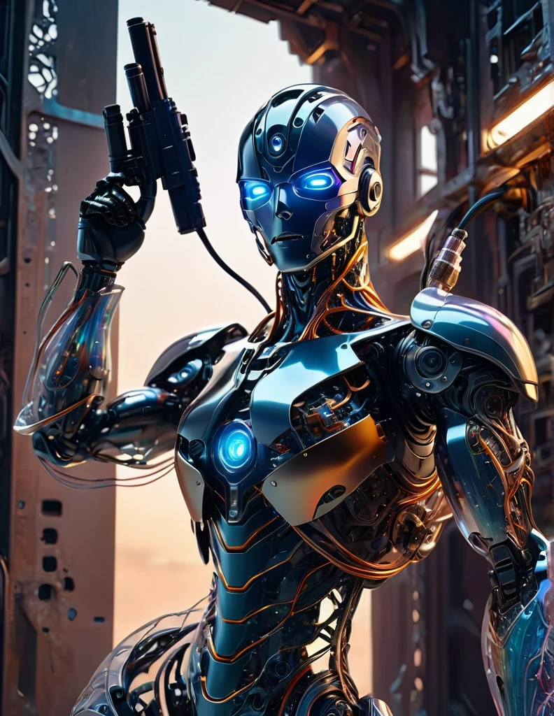 Complex 3d rendering ultra-detailed  , biomechanical robot, simulated 150mm shot, beautiful natural soft edge light, crystal , roots, delicate lace, colorful details, intricate details, mesh threads, mandelbro fractals, body muscles, cable wires, microchips, badasses, surreal, ultra-detailed, octane rendering, volumetric lighting, 8k post-production,  color , metallic  details , futuristic  , power , Techwear, guns,  half humanoid, ruined building, 