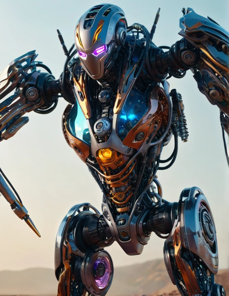 Complex 3d rendering ultra-detailed , biomechanical robot, simulated 150mm shot, beautiful natural soft edge light, crystal , roots, delicate lace, colorful details, intricate details, mesh threads, mandelbro fractals, body muscles, cable wires, microchips, badasses, surreal, ultra-detailed, octane rendering, volumetric lighting, 8k post-production, color , metallic details , futuristic , power , Techwear, guns, half humanoid, ruined building,