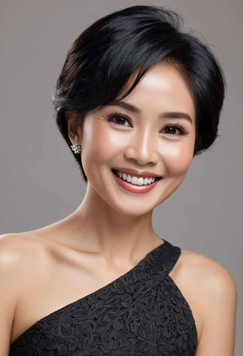 a sixty year lady, Indonesian face, elegant, short- black hair, stunning, peaceful face, smile, 8k, ultra detailed