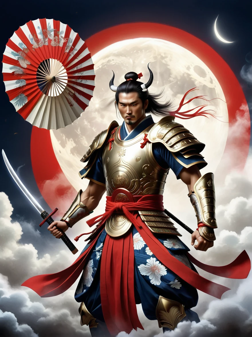 Imagine two powerful warriors, exuding an aura of dominance and sophisticated evil. The first warrior has four arms and two faces, dressed in traditional Japanese clothing, surrounded by an aura of sinister power. The second warrior is sporting a battle armor occupied by numerous plates, composed of numerous red and white designs, carrying an intricate fan that denotes his command over wind. They stand side by side, camaraderie evident in their shared laughter and mutual respect, under the moonlit sky.