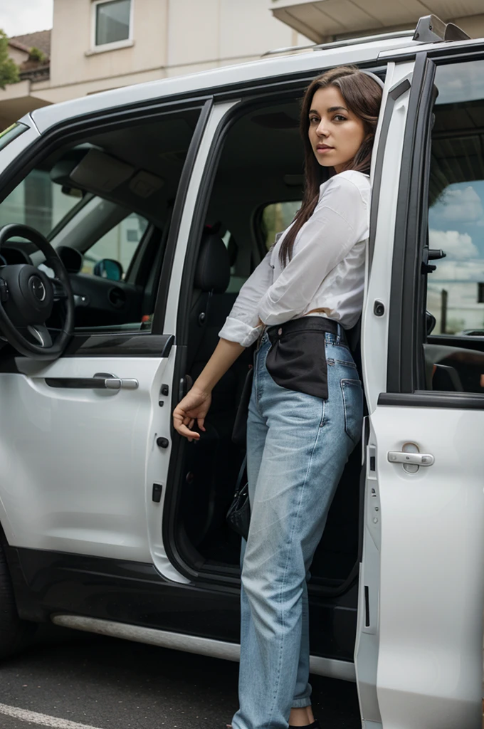 Women go out from the car, driver open the door