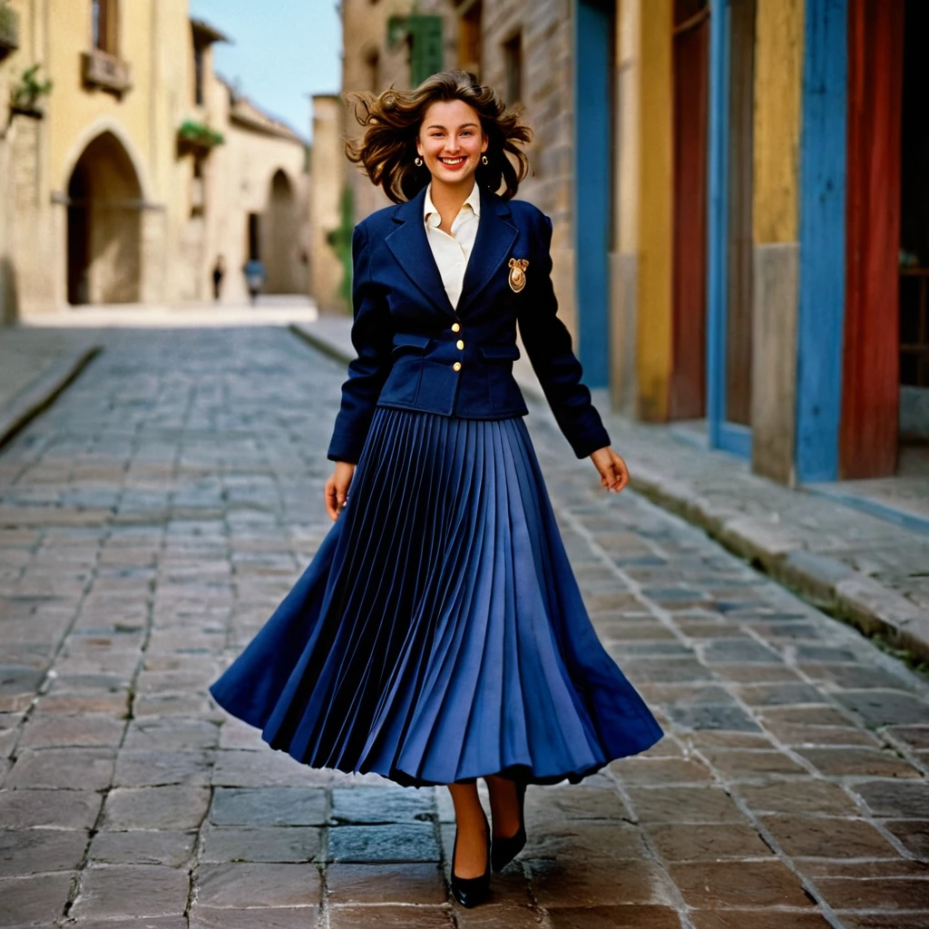 A smiling, authentic, (shy:1,3), kind, beautiful woman, is passionately in love with her skirt, wind lifts her skirt, wearing uniform jacket and very, very detailed (long (fully pleated) full circle skirt) and (low heeled court shoes), very, very intricate hyper-detailed symmetric (attractive graceful young feminine face) with (sad, tired eyes and a loving smile), very voluptuous breasts, full of empathy and compassion and love, (pronounced (feminine) features), (highly detailed ultra accurate realistic) hands and fingers, (windy), epic composition, highly detailed attributes, (35mm f1.4 Kodak portra 400 photograph), extremely high quality RAW photograph, highly detailed atmosphere, sci-fi, cinematic shot, dynamic lighting, 75mm, Technicolor, Panavision, cinemascope, sharp focus, fine details, 8k, HDR, realism, realistic, key visual, film still, superb cinematic color grading, depth of field