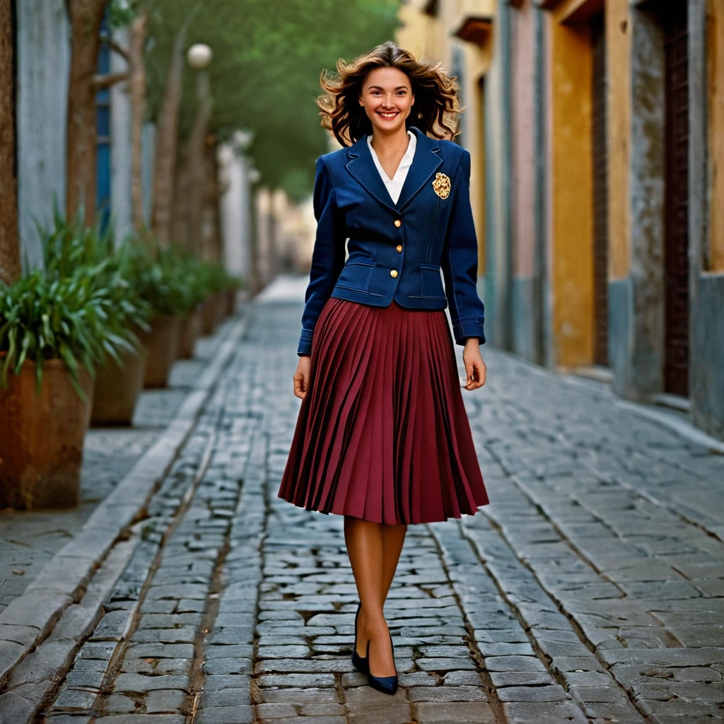 A smiling, authentic, (shy:1,3), kind, beautiful woman, is passionately in love with her skirt, wind lifts her skirt, wearing uniform jacket and very, very detailed (long (fully pleated) full circle skirt) and (low heeled court shoes), very, very intricate hyper-detailed symmetric (attractive graceful young feminine face) with (sad, tired eyes and a loving smile), very voluptuous breasts, full of empathy and compassion and love, (pronounced (feminine) features), (highly detailed ultra accurate realistic) hands and fingers, (windy), epic composition, highly detailed attributes, (35mm f1.4 Kodak portra 400 photograph), extremely high quality RAW photograph, highly detailed atmosphere, sci-fi, cinematic shot, dynamic lighting, 75mm, Technicolor, Panavision, cinemascope, sharp focus, fine details, 8k, HDR, realism, realistic, key visual, film still, superb cinematic color grading, depth of field