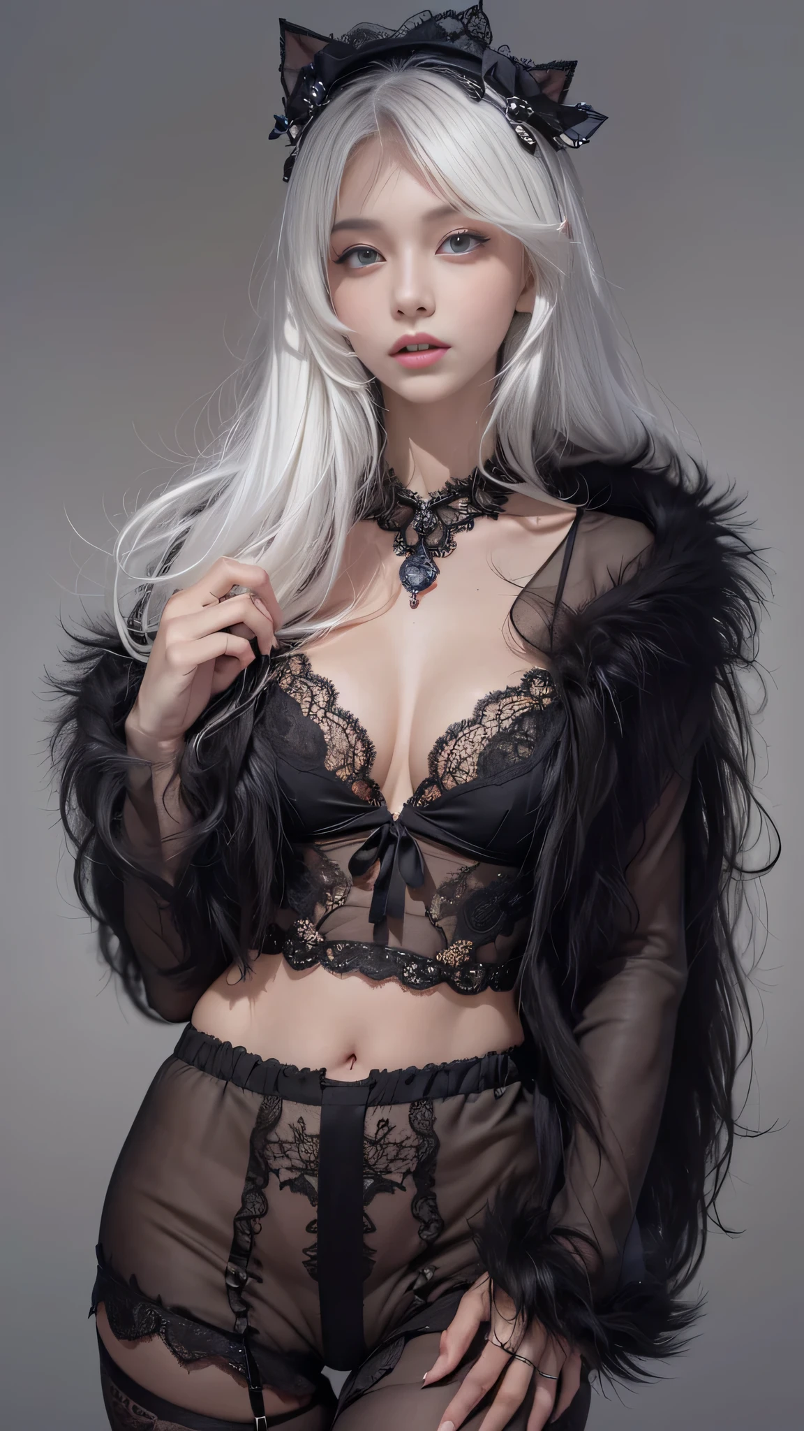 Portrait photo of a girl, Photorealistic, High resolution, 1 Women, Solo, waist-up, Beautiful eyes, Close lips, Detailed face, White hair, Long hair, open front collar shirt,(You can see a black lace bra) Fur coat, Stockings、(woman standing in front of a fur bed)Full Body Angle、((Black lace panties are visible))、