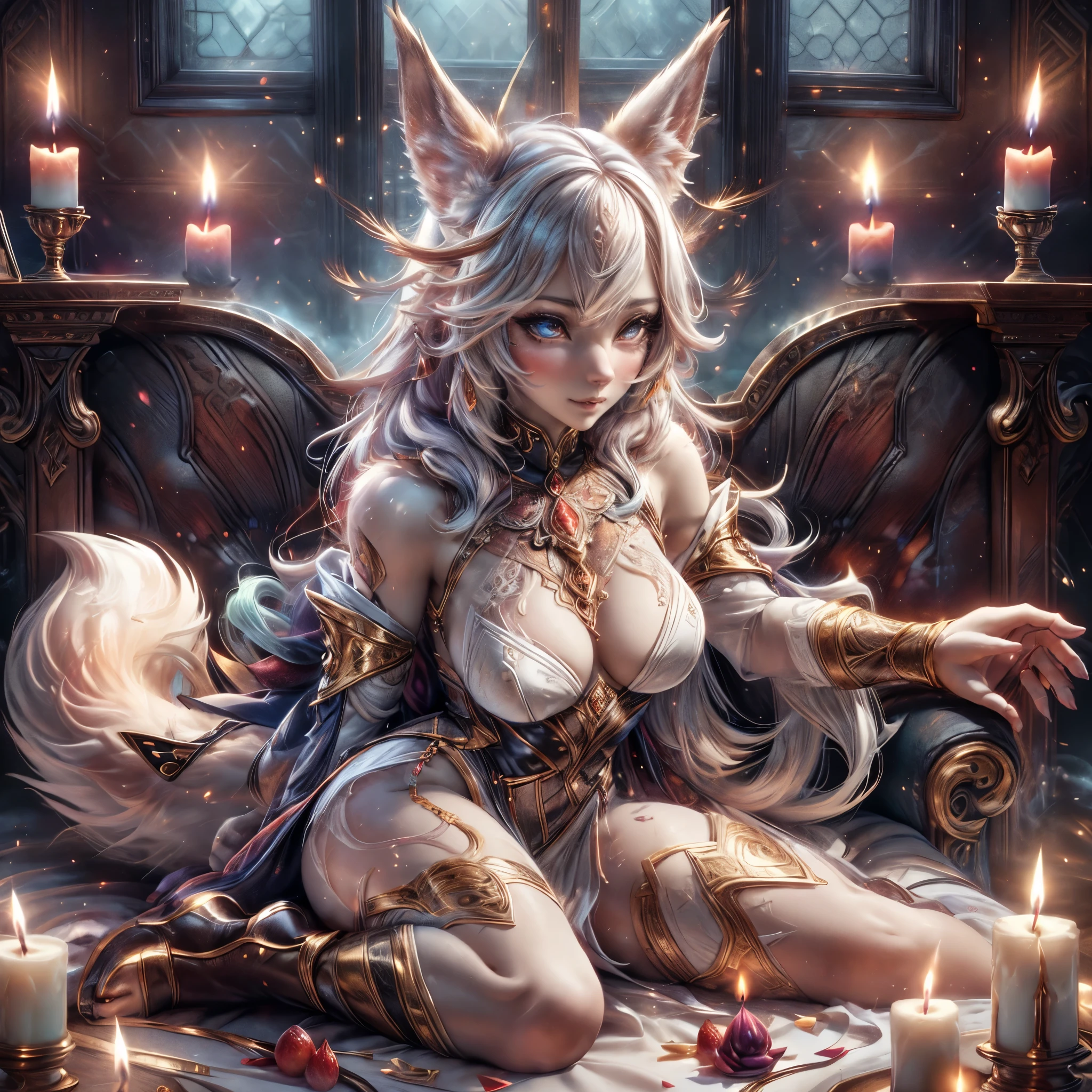 Anthropomorphic female character with wolf-woman body, Wearing luxurious clothing, vibrant fur colors, Detailed facial features, expressive eyes, soft lips, character eats dessert, realistic rendering, high resolution illustration, realistic lighting, professional illustration, soft and gentle color palette, candle blowing pose, candle on the cake, graceful movement, engaging expression, elegant clothing, mystical background, enchanting happy birthday ambiance, enchanting and ethereal ambiance, masterfully painted texture on the tail, patterns of Intricate tail, Intricate fur texture, Lifelike and realistic depiction, Captivating and seductive presence, Perfectly proportioned figure, Delicate details, Fascinating artistic quality.