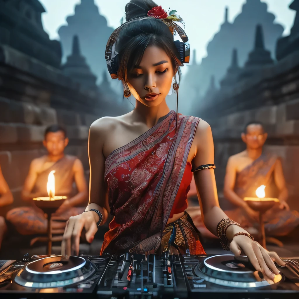 ((very sharp photo result & detailed face)) (((textile shading))) (((Best Quality))), (((masterpiece))) (((hyper realistic photo))) in borobudur temple magic hours, an exotic face indonesian female DJ performing, wearing batik red tanktop traditional hairstyle, she attractively playing her turntables, companied by locals plays traditional instrument, stage by bamboo, lighting by torches, correct hands & fingers, serene atmosphere16K, Fujifilm XF 56mm f/1.2 R Lens. HDR10 8K