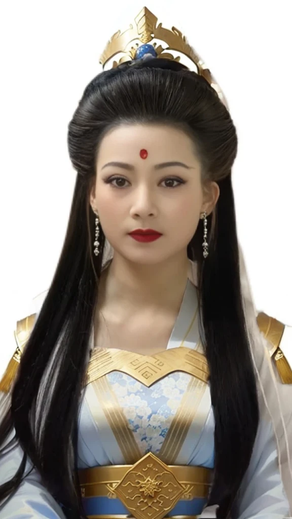 Close-up of a long-haired woman wearing a blue and white dress, White Ji haircut, Wearing a golden crown，Covered in white sand，ancient Chinese Princess, Traditional female hairstyle, Chinese Princess, traditional Chinese, Chinese Queen, Star Trek Asian Woman, Asian Dynasty Princess, Inspired by Zhang Yin, Chinese woman, Inspired by trees, heise-lian yan fang, Chinese, Geisha Hairstyle