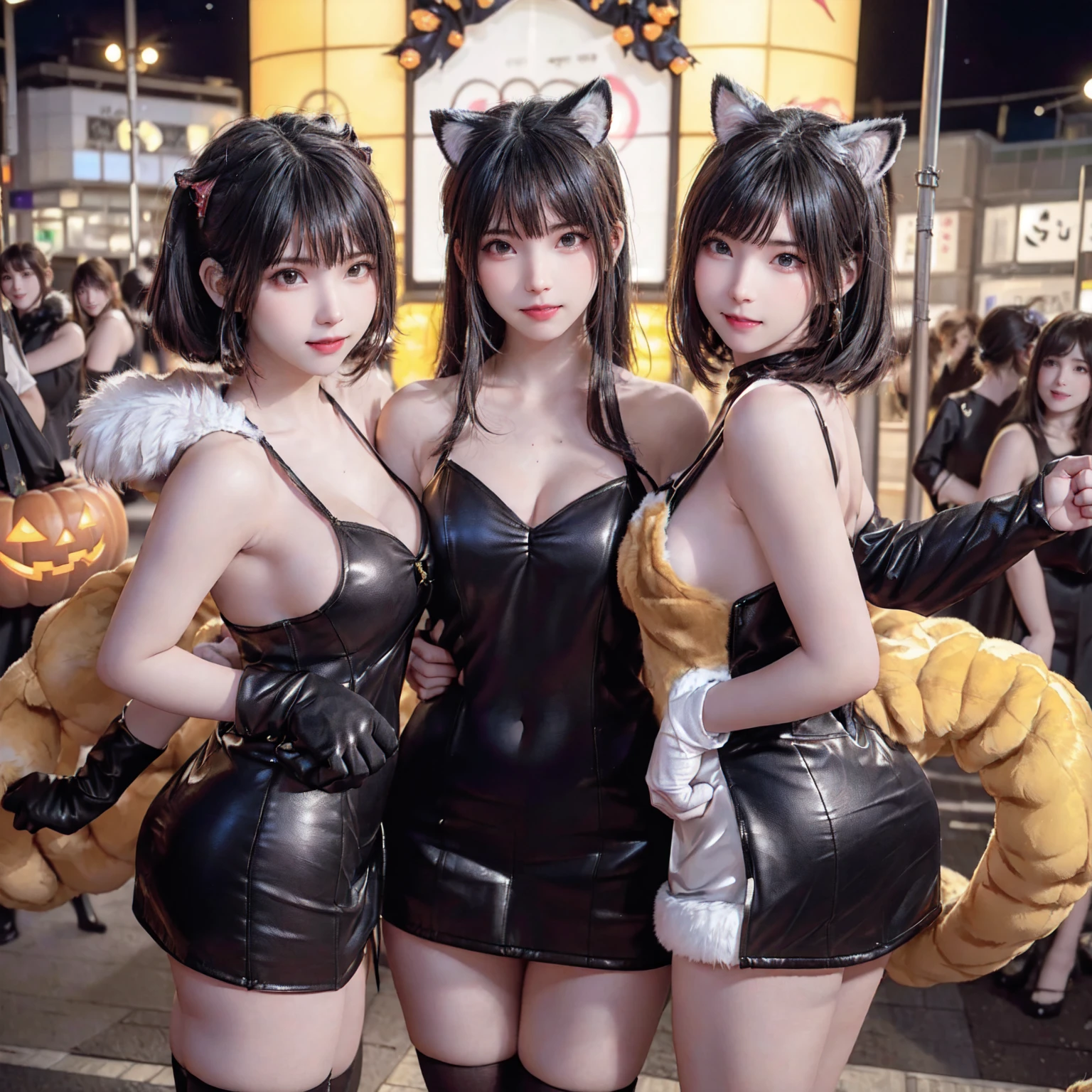 masterpiece, top-quality, top-quality, Beautifully Aesthetic:1.2, ((3girls)), Halloween night,
((Middle girl is Wearing a high-quality Black Cat costume of fur, gloves of Cat, fur miniskirt):1.2), high detailed,
((Left girl is Wearing a high-quality Red Cat costume of fur, gloves of Cat, fur miniskirt):1.2), high detailed,
((Right girl is Wearing a high-quality Blue Cat costume of fur, gloves of Cat, fur miniskirt):1.2), high detailed,
(Three girls are standing side by side in a neat line:1.3), large breasts, firm breast, nicely shaped breasts, slender figure,
((Dark Brown Hair)), wavy hair, (medium long hair:1.2),
((At the middle of very crowded Shibuya Scramble Crossing decorated with Halloween decorations at late night:1.2)), ((Surrounded by many people dancing for Three girls)), (Full body shot:1.1), (From side:1.3), (Looking at viewer),