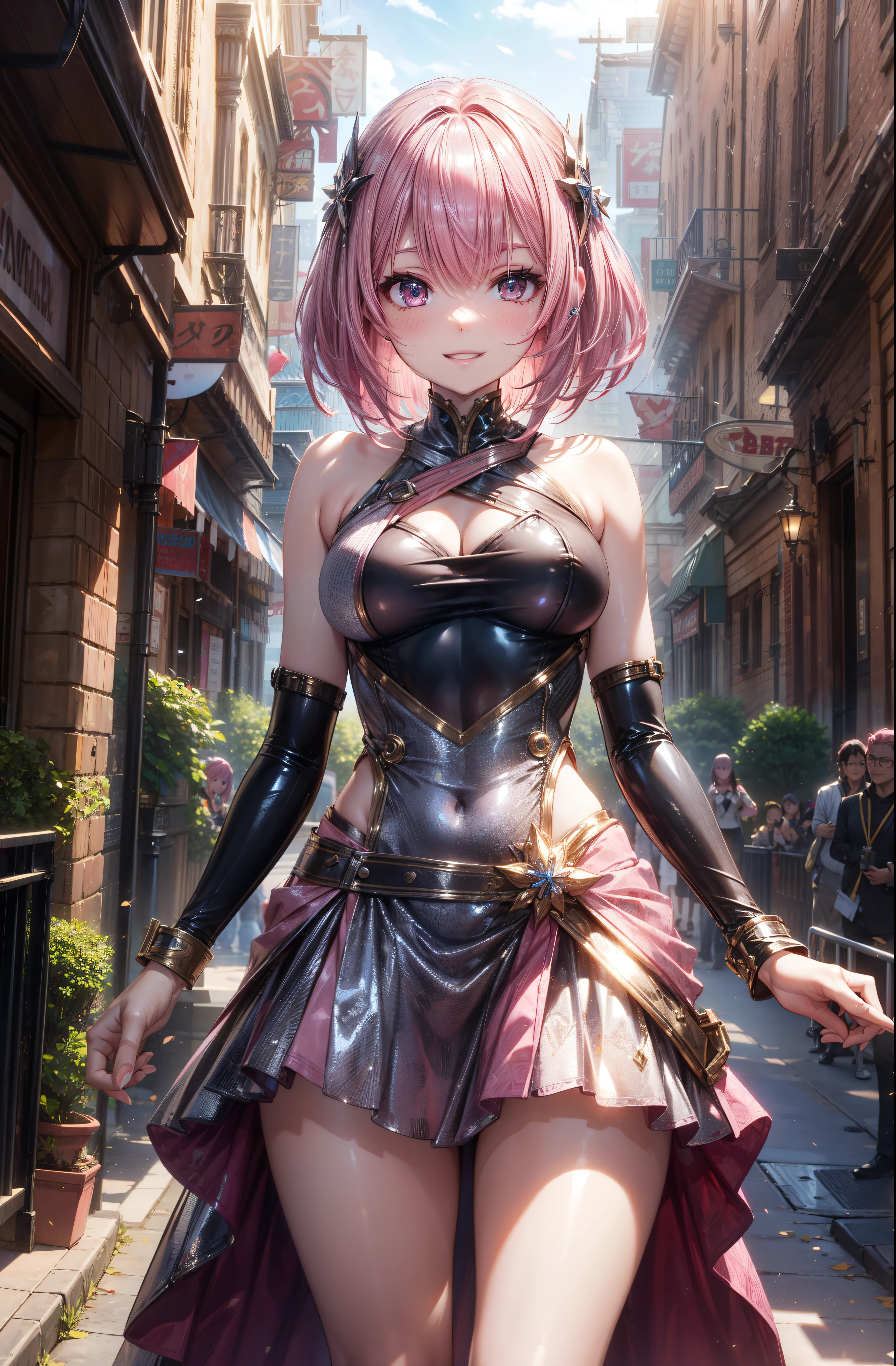 Chrome bodysuits,, skinny, 4 defined fingers, 1 defined thumb, looking at viewer, solo, 1 woman, 25 years old, AI generated, highest quality, masterpiece, skindentation, perfect face, 8k , Dynamic Pose, (short hair), (pink hair:1.5), bob cut, black eye, ((smile)), ((thin thighs)), medium breasts, perfect limbs, sexy, (visible nipples:0.9), (camel toe:0.3), ((The costume is metallic, shiny and lustrous)), facing straight at viewer, (standing), sexy pose, Bright outdoor park during daytime, (arms at sides), cowboy shot, (arms at behind), ((Silver skirt)),