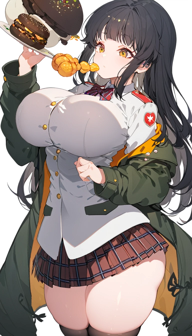 Girl in thick coat and uniform, 1girl, solo, thigh, skirt, skindentation, breasts, simple background, jacket, food, bow, plaid stripe, white background, pleated skirt, full body, bow tie, brown thighs, bangs, , shoes, black shoes, black hair, big breasts, plaid skirt, black thighs, thighs