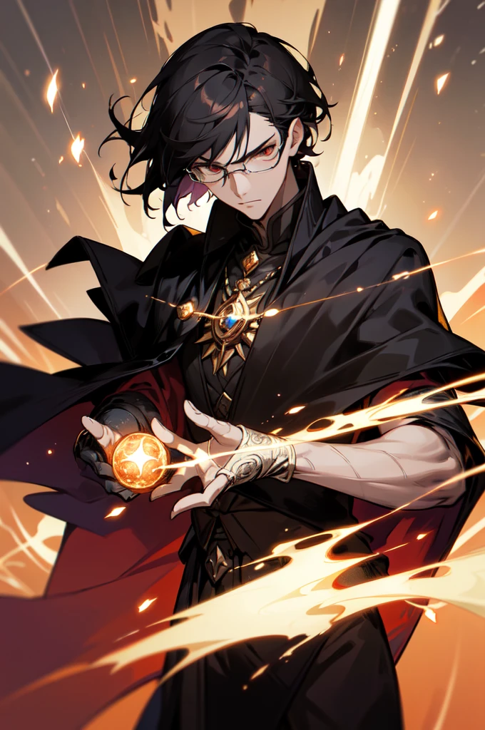 masterpiece, best quality, 1 male, young, tall muscular, handsome, finely detailed eyes, intricate details, black hair, short hair, evil face, solo, upper body, detailed dark shadow background, detailed face, good sorcerer, color magical robes, determined expression, white color scheme, dark crimson light, glowing magical runes, realistic lighting, floating particles, sparks, surrounded by gold lightning red arcane symbols, corrupted by eldritch power, bloom, glasses, gloves