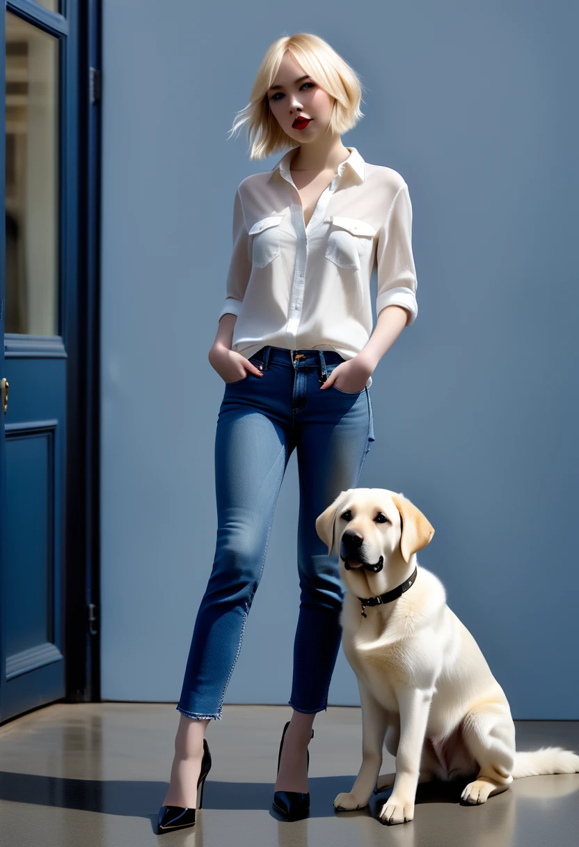 Labrador femelle anthropomorphe. Fourrure blonde, elle porte une chemise blanche, un jean bleu et des chaussures à talons noirs. Style réaliste [femelle] [anthropomorphe] [Labrador] [Réaliste]