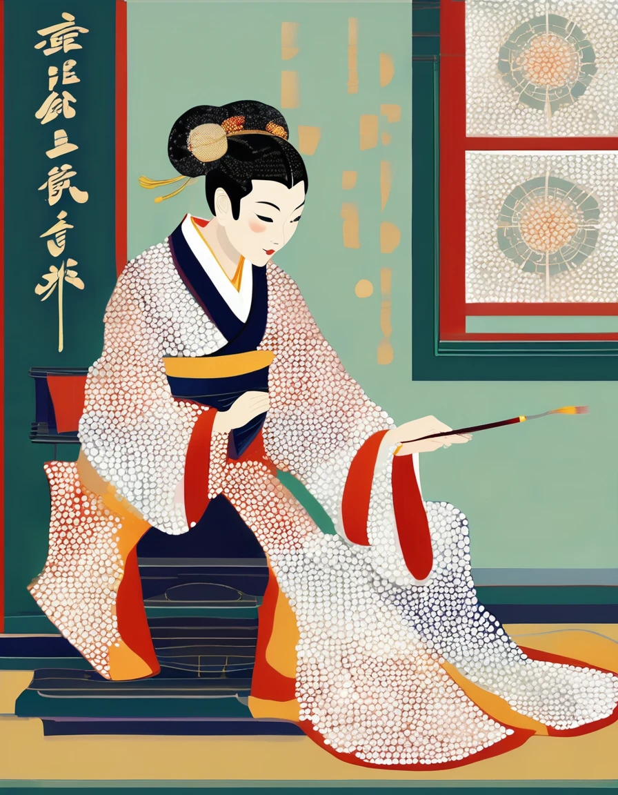 dot art of  an ancient Chinese  poet writing a poem in the room,Hold a brush in hand，Wear white Hanfu，close-up:2，