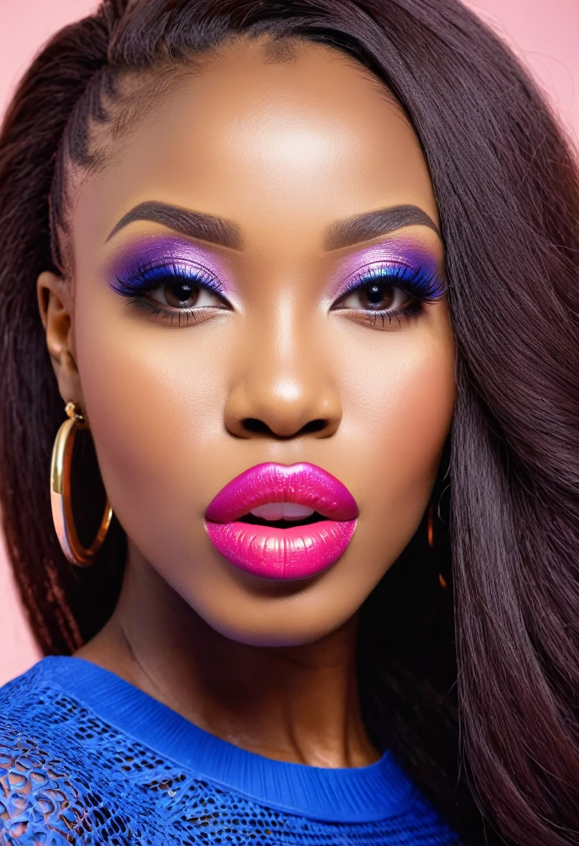 A portrait of a beautiful black woman with bright makeup, vibrant, black background
