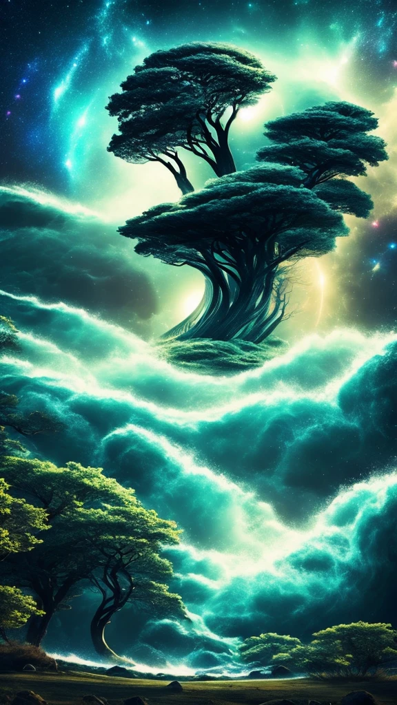 trees, hair, waves, ships, galaxies, trees, surreal image