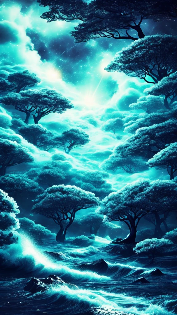 trees, hair, waves, ships, galaxies, trees, surreal image