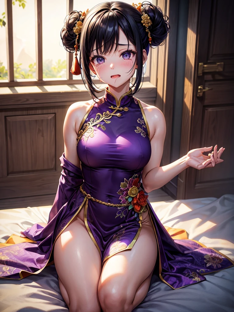 Highest Resolution,Highest quality,1People Girls,beautiful girl,Full body close-up,The body is frontal,looking at the camera,Standing posture,Crying face,Tears,Stringy saliva,Open your mouth,Sticking out tongue,Saliva,Tears overflow,Dripping a lot of saliva,Drooling,Dimly lit room,Orange lighting,,Purple Chinese Dress,Muscle Exposure,Bun Hair,Black Hair,short hair,