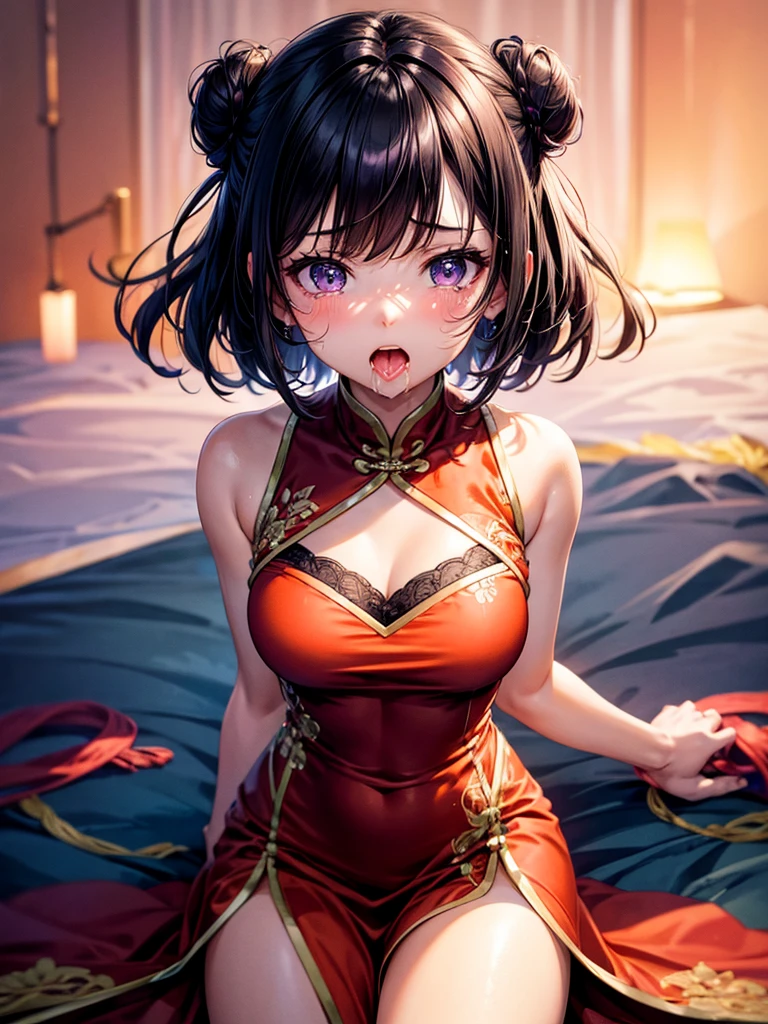 Highest Resolution,Highest quality,1People Girls,beautiful girl,Full body close-up,The body is frontal,looking at the camera,Standing posture,Crying face,Tears,Stringy saliva,Open your mouth,Sticking out tongue,Saliva,Tears overflow,Dripping a lot of saliva,Drooling,Dimly lit room,Orange lighting,,Purple Chinese Dress,Muscle Exposure,Bun Hair,Black Hair,short hair,