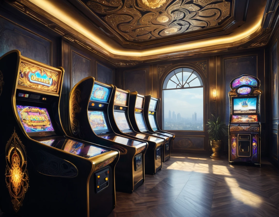 In panoramic view，Fotorealestic，A luxurious game room in a retro style.，4 luxury vintage style arcade machineade of gold，decorated with gems，ancient games，Beauty plays games，Wear a luxurious Arab-style veil.，perfect composition，details，Light and shadow work best.，highest features，ภาพวาดrealisticallyที่เรนเดอร์ด้วย CG นี้ให้ฉากที่ยิ่งใหญ่และผลกระทบทางภาพ，Let the audience feel the wonderful and beautiful world of sci-fi.。epic，detailsมากมาย，It was a stunning sight.，Use Pixai to bring powerful AI models to life., Showing our creativity and the limitless possibilities of our imagination.. Experience the future of cityscapes at Pixai，Immerse yourself in a world of visionary art.，details, Masterpiece, best quality, 8K, (Oily skin, Shaded cells:1.3), The lines are colored., (The Art of Maciej Cuciara:1.15), The art of Greg Rutkowski，detailsที่complicated, fine texture, Surreal，perfect composition，Detailed，film texture，realistically，Fotorealestic，highest features，，Version tone mapping， มีdetailsสูง， Smoothness， Sharp focus， Beautiful Enlightenmentn， epic effect，Fotore， The light from the rear window will be backlit.， dynamic light， fog， complicated， Film texture， professional，，Volumetric illumination， subsurface scattering， good highlights， Good shadow， Cinematic lighting，Beautiful studio, soft lighting，Edge Light，elegance，beautiful background，Displayed with octane value，HR Giger style，8K，highest priority，Masterpiece，Enlightenment，smooth and beautiful，มีdetailsสูง，CG wallpaper，（realistically，loyalty：1.37），Outstanding，detailsประณีต，Masterpiece