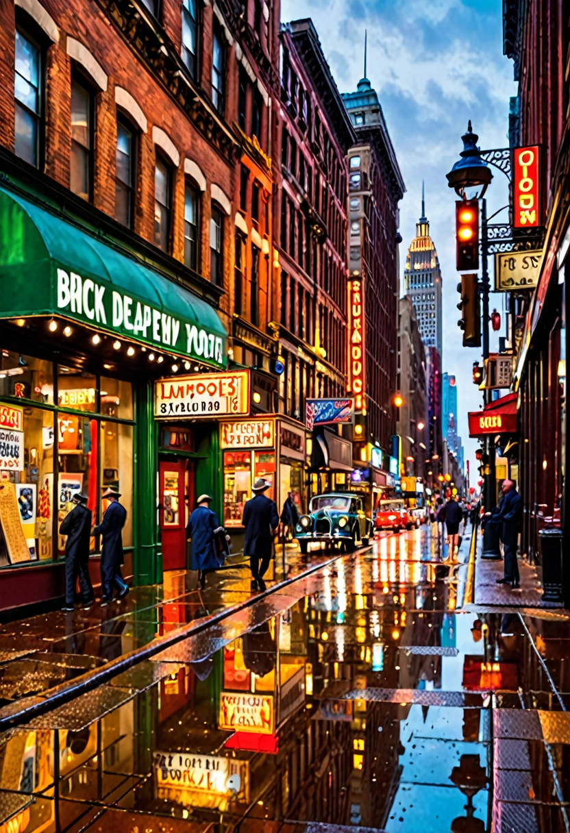 old cars, busy pedestrians, bustling atmosphere, tall buildings, reflection in puddles, city skyline, urban decay, graffiti, cobblestone streets, vintage shop fronts, smoke-filled streets, rainy day, neon signs, motion blur, street vendors, subway entrance, steam rising from manholes, window displays, jazz music, iconic landmarks, art deco architecture, vintage fashion, retro advertisements, bustling cafes, street performers, bustling traffic, brick buildings, fire escapes, old-fashioned lampposts, vintage bicycles, stylish hats, newspaper stands, bustling markets, classic cars, rusted metal, cityscape at dusk, shadows and highlights, brick walls, wrought iron gates, old telephone booths, aged textures, typewriters, vinyl records, wooden benches, street lamps, fashion boutiques, nostalgic atmosphere