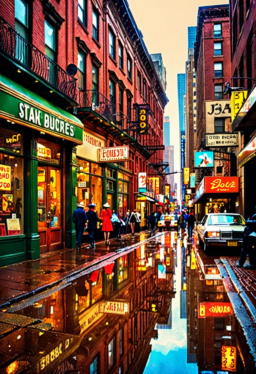 old cars, busy pedestrians, bustling atmosphere, tall buildings, reflection in puddles, city skyline, urban decay, graffiti, cobblestone streets, vintage shop fronts, smoke-filled streets, rainy day, neon signs, motion blur, street vendors, subway entrance, steam rising from manholes, window displays, jazz music, iconic landmarks, art deco architecture, vintage fashion, retro advertisements, bustling cafes, street performers, bustling traffic, brick buildings, fire escapes, old-fashioned lampposts, vintage bicycles, stylish hats, newspaper stands, bustling markets, classic cars, rusted metal, cityscape at dusk, shadows and highlights, brick walls, wrought iron gates, old telephone booths, aged textures, typewriters, vinyl records, wooden benches, street lamps, fashion boutiques, nostalgic atmosphere
