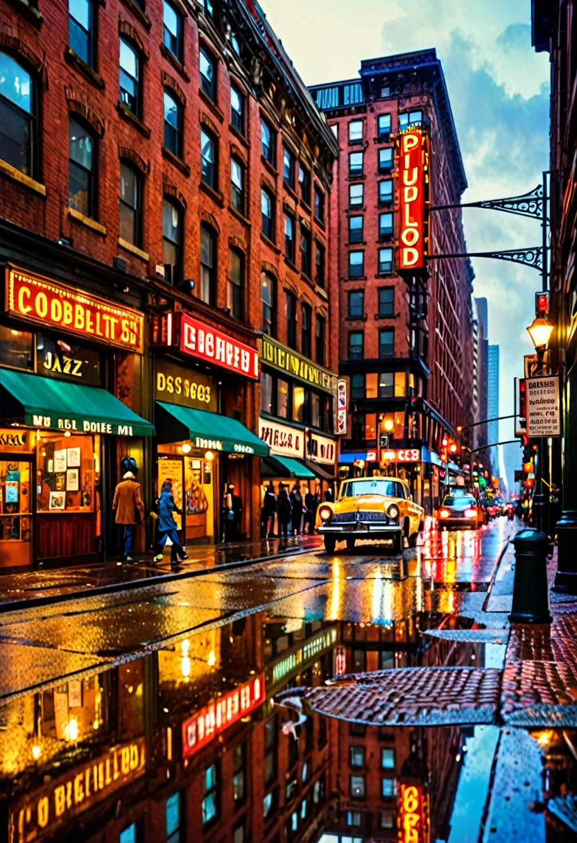 old cars, busy pedestrians, bustling atmosphere, tall buildings, reflection in puddles, city skyline, urban decay, graffiti, cobblestone streets, vintage shop fronts, smoke-filled streets, rainy day, neon signs, motion blur, street vendors, subway entrance, steam rising from manholes, window displays, jazz music, iconic landmarks, art deco architecture, vintage fashion, retro advertisements, bustling cafes, street performers, bustling traffic, brick buildings, fire escapes, old-fashioned lampposts, vintage bicycles, stylish hats, newspaper stands, bustling markets, classic cars, rusted metal, cityscape at dusk, shadows and highlights, brick walls, wrought iron gates, old telephone booths, aged textures, typewriters, vinyl records, wooden benches, street lamps, fashion boutiques, nostalgic atmosphere