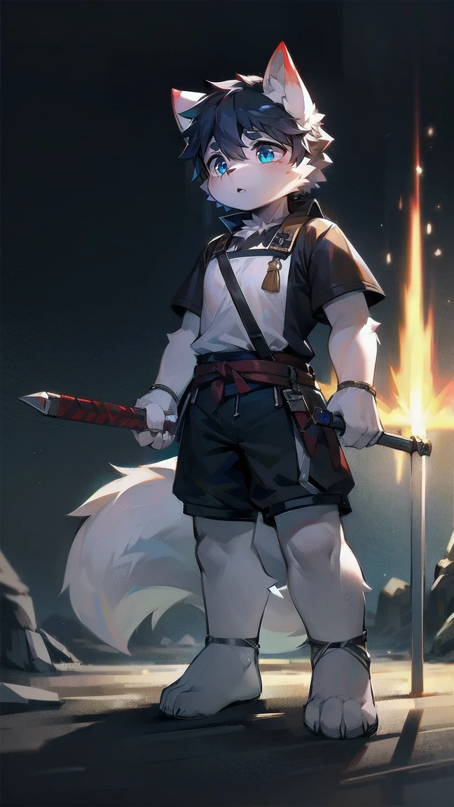 White Wolf，black hair，Sky blue eyes，hairy，Wolf ears，Wolf tail，Full body portrait，The character is in the center of the frame，Handsome，Confident eye***but，juvenile，Black and white combat uniform，Red neck bib，Black shorts，Short sleeve，hairy arms and legs，Dark background，Dark battlefield，dawn，sunrise，dawn，illumination，shadow，Swordsman，Scabbard and Hold the hilt of a in your hand，The scabbard is at the waist，Highest quality
