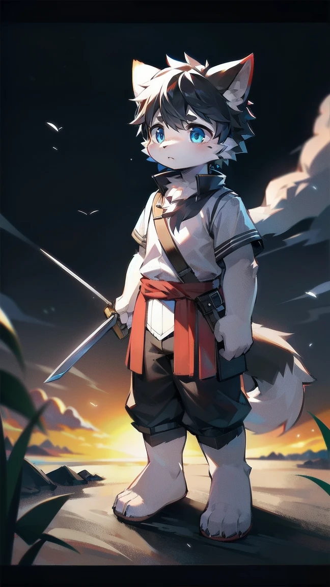 White Wolf，black hair，Sky blue eyes，hairy，Wolf ears，Wolf tail，Full body portrait，The character is in the center of the frame，Handsome，Confident eye***but，juvenile，Black and white combat uniform，Red neck bib，Black shorts，Short sleeve，hairy arms and legs，Dark background，Dark battlefield，dawn，sunrise，dawn，illumination，shadow，Swordsman，Scabbard and Hold the hilt of a in your hand，The scabbard is at the waist，Highest quality