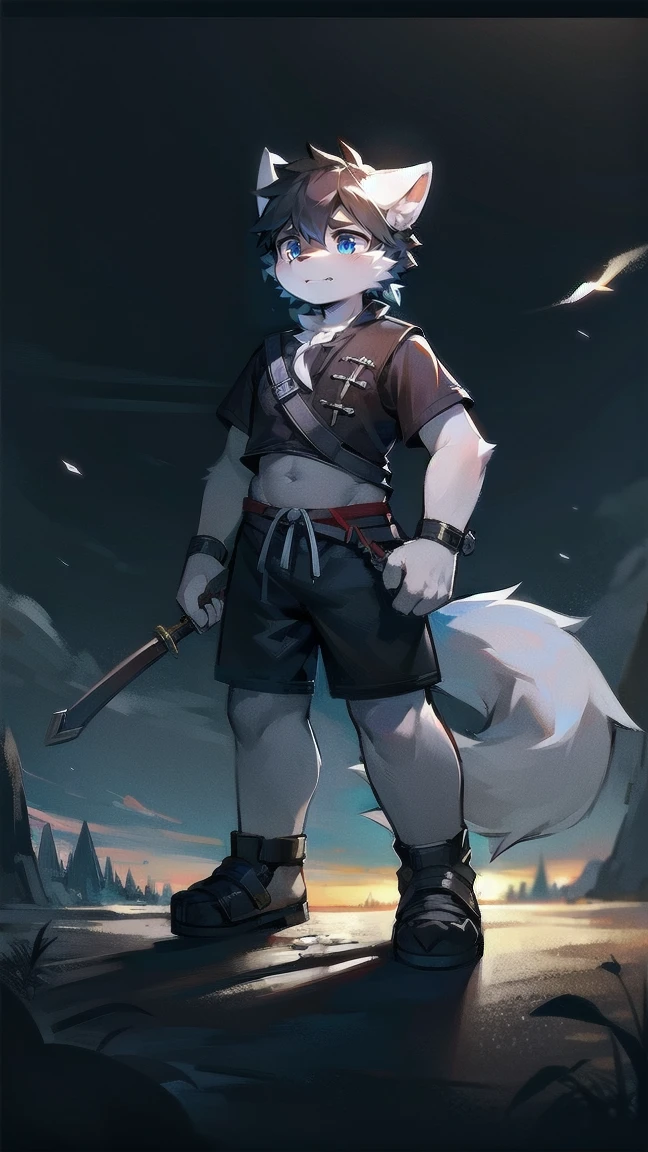 White Wolf，black hair，Sky blue eyes，hairy，Wolf ears，Wolf tail，Full body portrait，The character is in the center of the frame，Handsome，Confident eye***but，juvenile，Black and white combat uniform，Red neck bib，Black shorts，Short sleeve，hairy arms and legs，Dark background，Dark battlefield，dawn，sunrise，dawn，illumination，shadow，Swordsman，Scabbard and Hold the hilt of a in your hand，The scabbard is at the waist，Highest quality