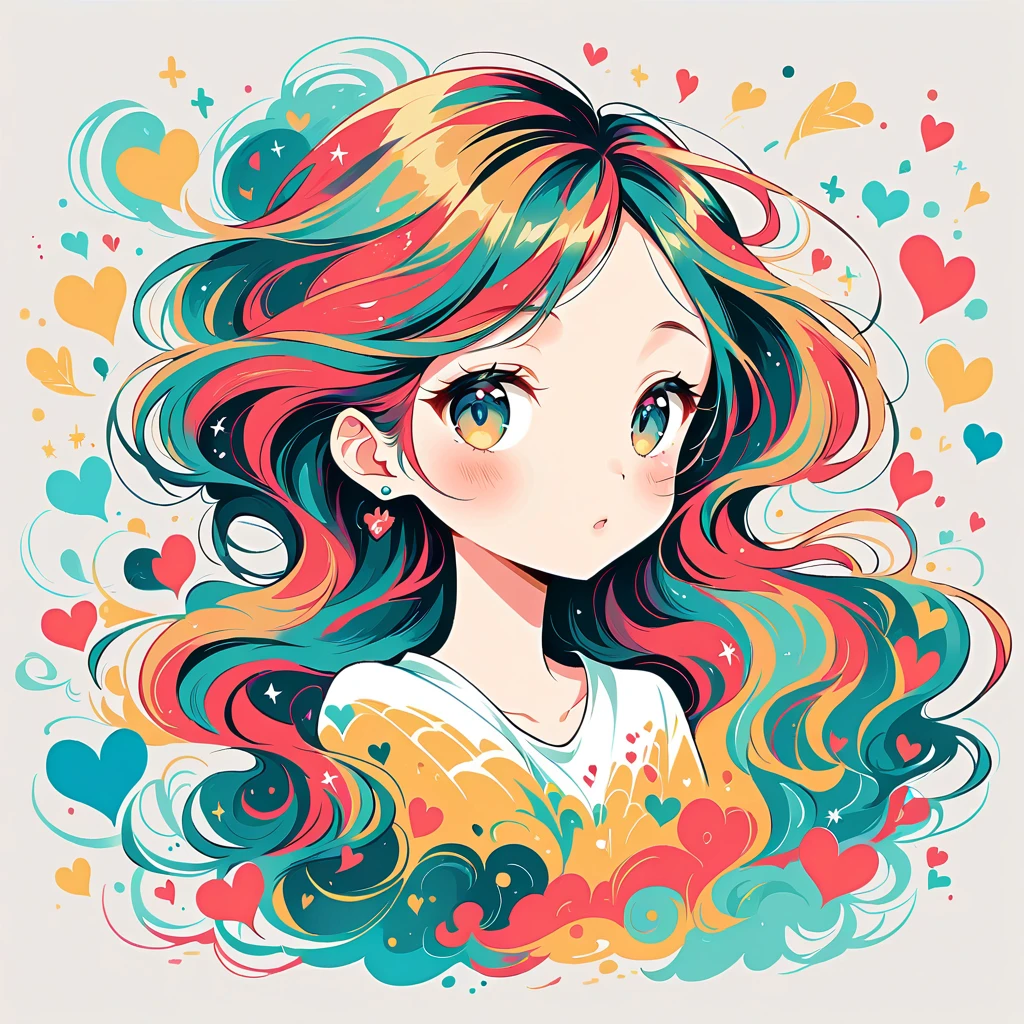 Black Star Red and White style, Simple Line Initialism，Abstract art，Urban Background, colorful hearts ,(((The most beautiful girl of all time))),