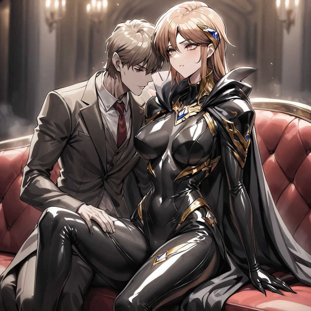 ((Highest quality)), ((masterpiece)), (detailed), (Perfect Face)、The woman is Princess Leona, with medium-long light brown hair, wearing a shiny, flashy, sexy, revealing black dress bodysuit, an open-front skirt, a cape, a headgear, lipstick and makeup, and is an evil female executive who is standing next to a man who is the dignified boss of an evil organization.、Women are brainwashed, expressionless, and have no highlights in their eyes.、The woman is being held close by the powerful boss of an evil organization.、A strong male boss of an evil organization is sitting on a luxurious sofa, embracing and kissing a woman and showing her affection.、The man is a dignified and powerful boss of an evil organization, wearing a luxurious and stately bodysuit and cape.