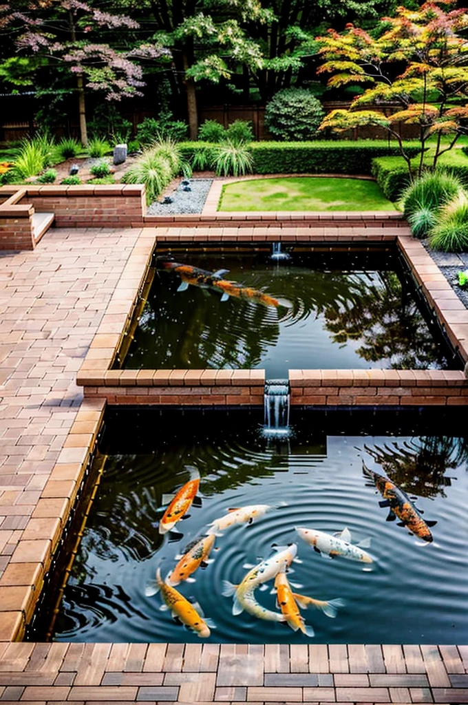 Two rectangular koi ponds, in the middle a brick bench and a bridge area, the koi ponds are connected, aerial view, Outdoor koi pond surrounded by zen garden with a brick bench in the middle and brick bridges