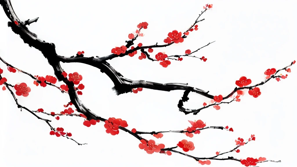 There is a painting,There is a branch in the painting,There are red flowers on it, plum bossom, Japanese style painting, Traditional Chinese ink painting, Chinese writing brush pen illustration, Ink Painting art, Inspired by Zhou Wentianchong, Traditional Japanese Painting, Ink Painting, Ink Painting, Chinese painting style, Chinese style, Ink Painting style, Ink style