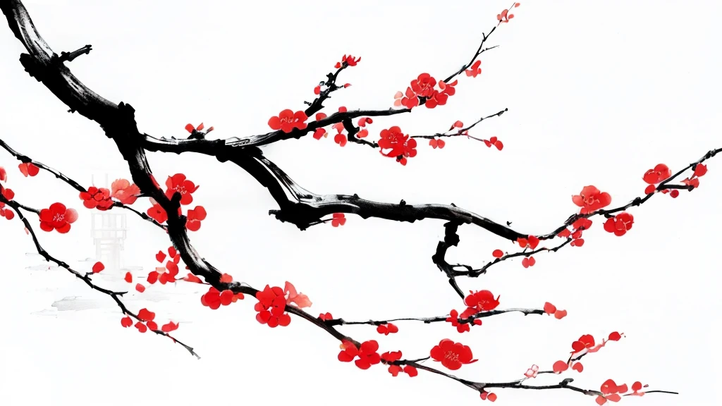 There is a painting，There is a branch in the painting，There are red flowers on it, plum bossom, Japanese style painting, Traditional Chinese ink painting, Chinese writing brush pen illustration, Ink Painting art, Inspired by Zhou Wentianchong, Traditional Japanese Painting, Ink Painting, Ink Painting, Chinese painting style, Chinese style, Ink Painting style, Ink style