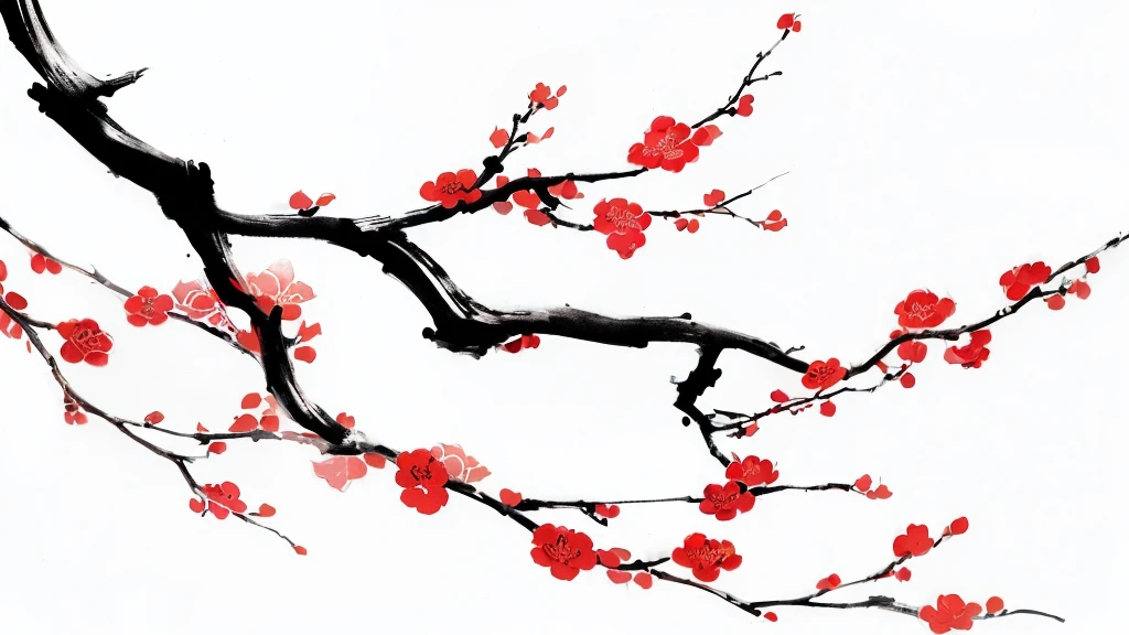 There is a painting,There is a branch in the painting,There are red flowers on it, plum bossom, Japanese style painting, Traditional Chinese ink painting, Chinese writing brush pen illustration, Ink Painting art, Inspired by Zhou Wentianchong, Traditional Japanese Painting, Ink Painting, Ink Painting, Chinese painting style, Chinese style, Ink Painting style, Ink style