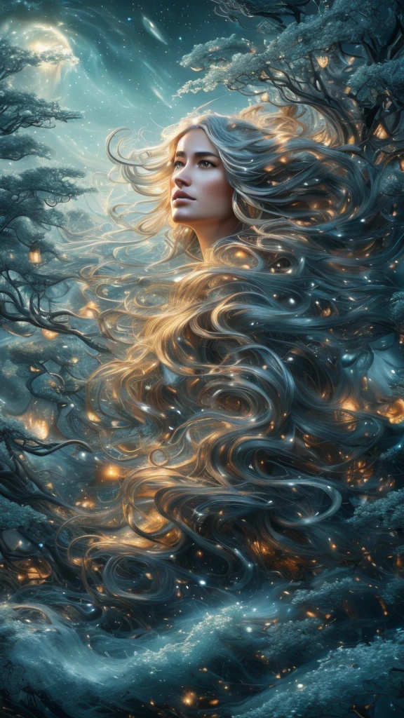 a surreal scene of a woman with flowing hair made of trees, surrounded by ships sailing on waves, against a backdrop of galaxies, (best quality,4k,8k,highres,masterpiece:1.2),ultra-detailed,(realistic,photorealistic,photo-realistic:1.37),digital art, cinematic lighting, vibrant colors, ethereal, dreamlike, intricate details